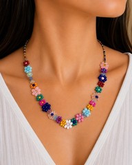 Handmade Floral Beaded Necklace Colorful Y2K Jewelry Multicolor