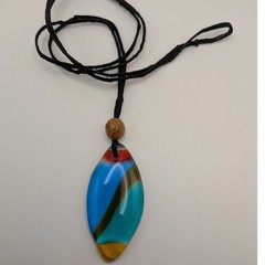 Artisan Fused Glass Pendant Necklace Blue Aqua Multi Color Marquise Wood Bead