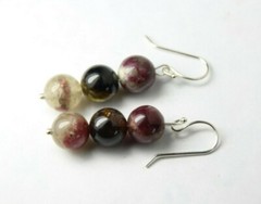 Tourmaline Earrings Dark Red, Green 8mm Ball Natural Gemstone .925 Silver 1 1/2″