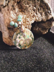 Artisan crafted, 1″ diameter paua pendant,magnestite beads, red copper snake cha