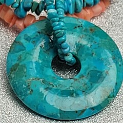 Turquoise, Spiny Oyster & Sterling Silver Beaded Necklace w/Disc Pendant 15-17″