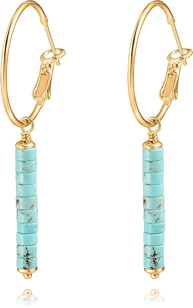 Gold Huggie Hoop Drop Dangle Earrings Turquoise Beads Gemstone Earrings Boho Han