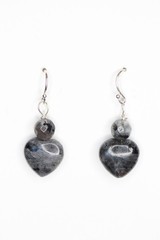 Larvikite Black Labradorite 13mm Heart Gemstone .925 Sterling Silver Earrings