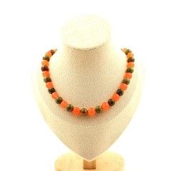 Unakite And Orange Chalcedony Bead Necklace 8 Mm Steel Chain Personal Size