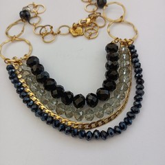 Layered Bib Necklace Gold Tone Black Gray Crystal Israeli Artisan Statement 90s