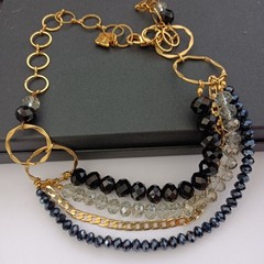 Layered Bib Necklace Gold Tone Black Gray Crystal Israeli Artisan Statement 90s