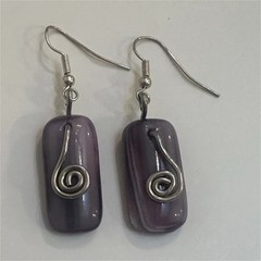Handcrafted Purple Glass Dangle Earrings Silver Plated Rectangular 1.25in Art
