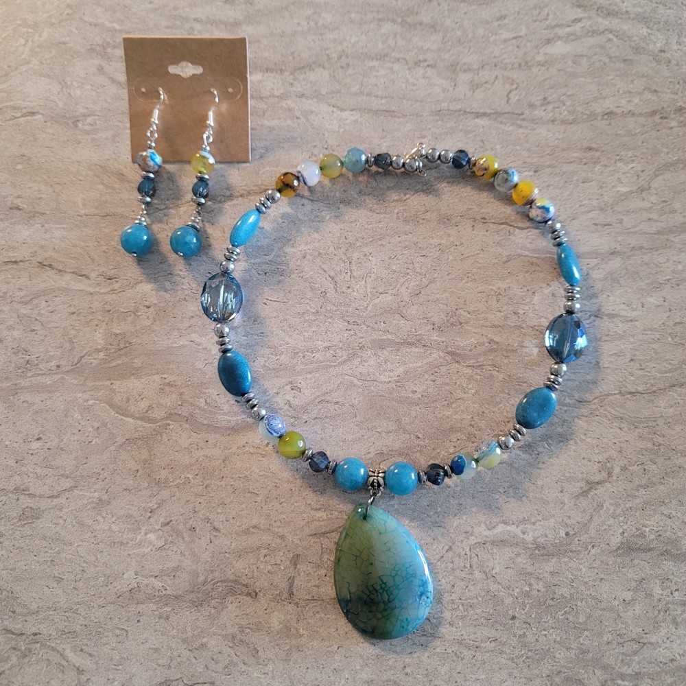 Blue Agate Jade & Crystal Beaded Pendant Necklace Collar Earrings women Handmade