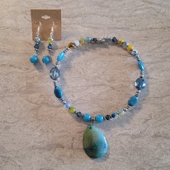 Blue Agate Jade & Crystal Beaded Pendant Necklace Collar Earrings women Handmade