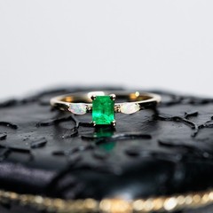Starry Night Mexican Fire Opal Diamond Engagement Ring 18K Yellow Gold