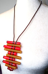 Sobral Cilindros Blue Red Black Cylinder Beads Artist Made Flapper 43″ Necklace