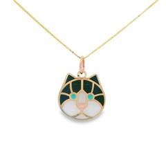 14k Solid Gold – Black and White Cat Pendant Animal Charm Hand-Painted Necklace