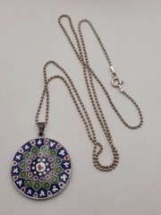 Sterling Silver Venetian Glass Pendant Necklace Millefiori Disc 23.5″ Ball Chain