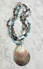 Artisan Blue Glass, Pearl, Shell Bead 3-Strand Pendant Toggle Necklace 17″