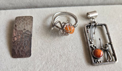 Lot of 3 Handmade Artisan Silver Tone Jewelry Pendants Ring Modernist Unmarked