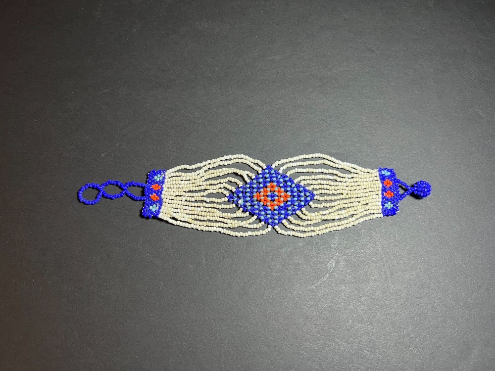 Vintage Handmade Blue, Ivory & Orange Indigenous Tribal Seed Beaded Bracelet