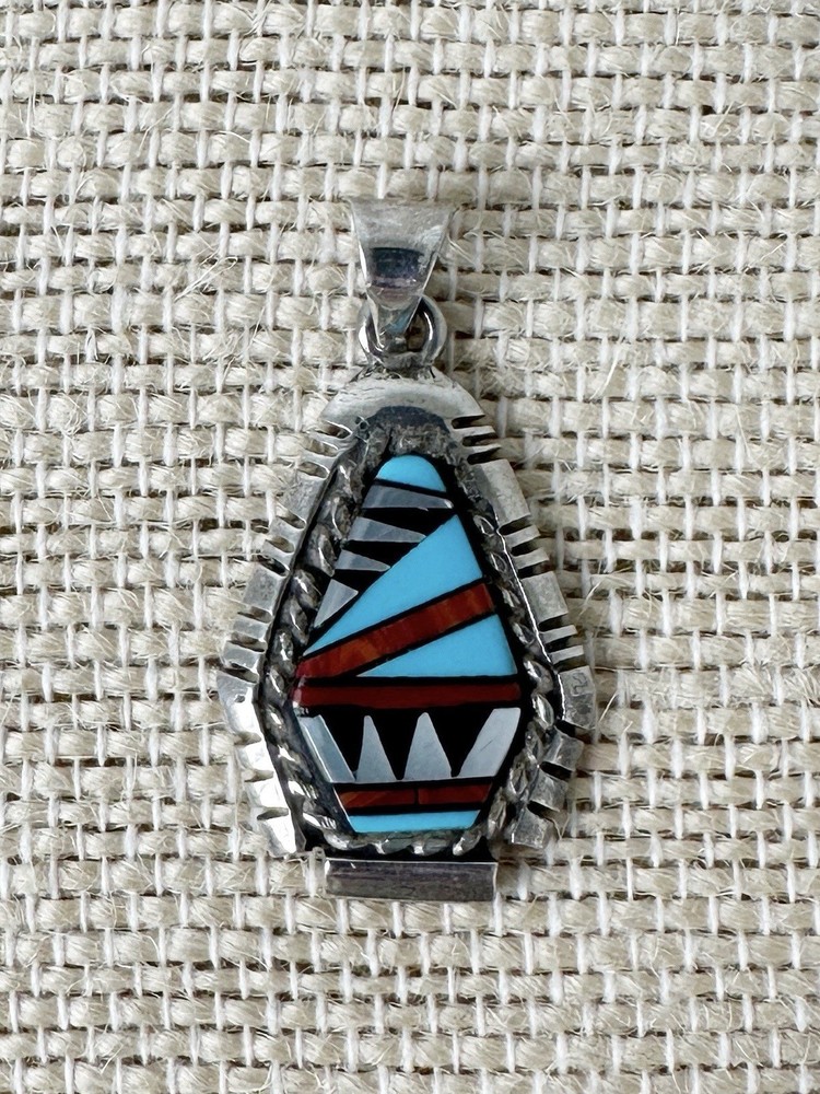Native American Sterling Silver & Multi Stone Inlay Pendant Turquoise Onyx Coral