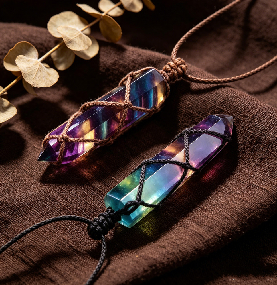 Natural Rainbow Fluorite Double Terminated Pendant Necklace Adjustable Cord