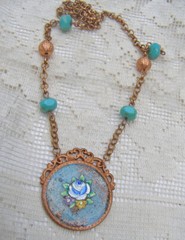 Vintage Enamel Flower Blue Green Copper Collage Necklace Rose Gold Color