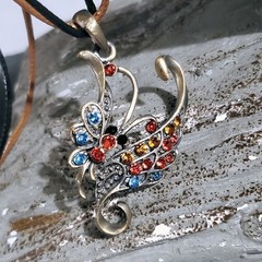 Rustic Antique Bronze Rhinestones Art Nouveau Pendant Necklace Vegan Leather