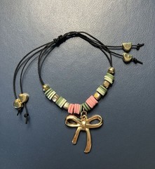 Pink, Green, White, Gold, Black Bow Charm Bead and Nylon Necklace-Bracelet Set