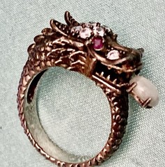 925 Sterling Silver Dragon Head CZ Ring With Red Jade Eyes Size 10