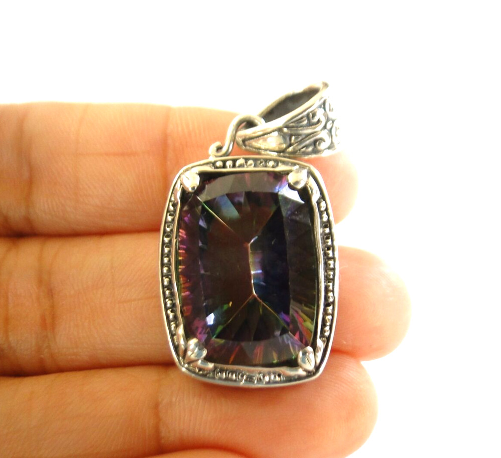 Rectangle Mystic Topaz Solitaire Ornate Edged 925 Sterling Silver Pendant