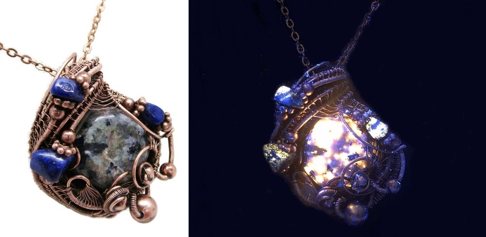 UV-Fluorescent, Yooperlite (Sodalite) Pendant in Copper with Lapis Lazuli