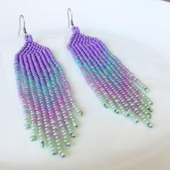 Lavender blue gradient seed bead earrings, Lilac waterfall beaded earrings
