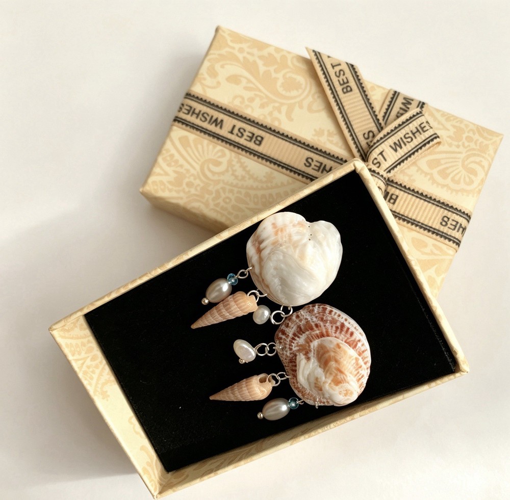 Handcrafted Shell Beaded Dangle Earrings White Brown Tan Beach Round Hook