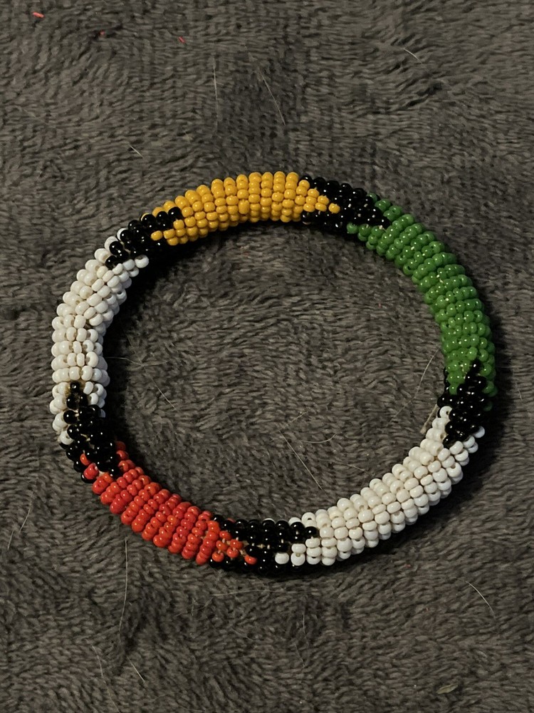 Mali West Africa Seed Bead Wrapped Bangle Bracelet Red Green Yellow Black White