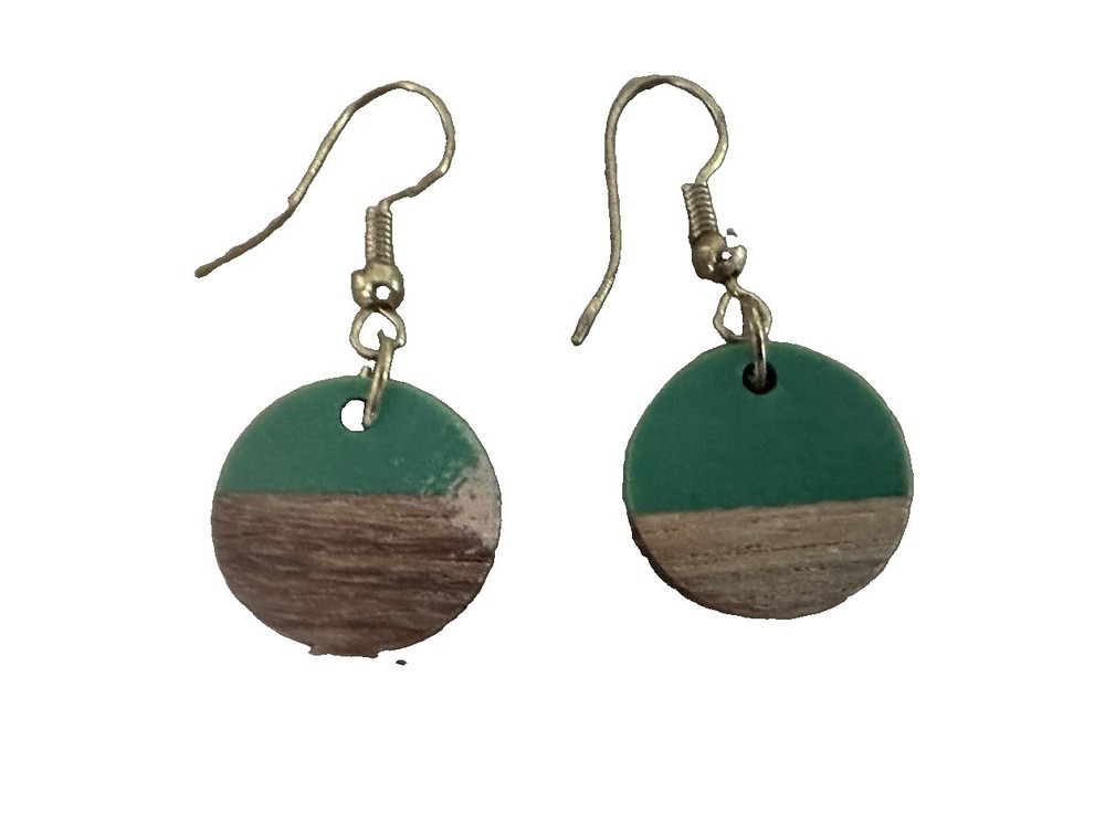 Handmade Wood And Teal Resin Small Circle Hook Earrings