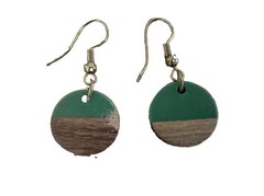 Handmade Wood And Teal Resin Small Circle Hook Earrings
