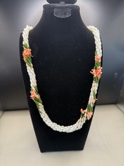 Vintage Japan Style 6 Multi Strand Faux Pearl Necklace w/green&pink accents 16″