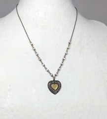 Victorian Antique Bronze Heart with Czech Cathedral Beads in Pink and White