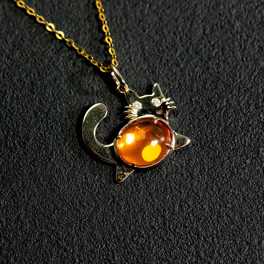 Orange Cat Mexican Fire Opal & Diamond Pendant Only 14K Yellow Gold
