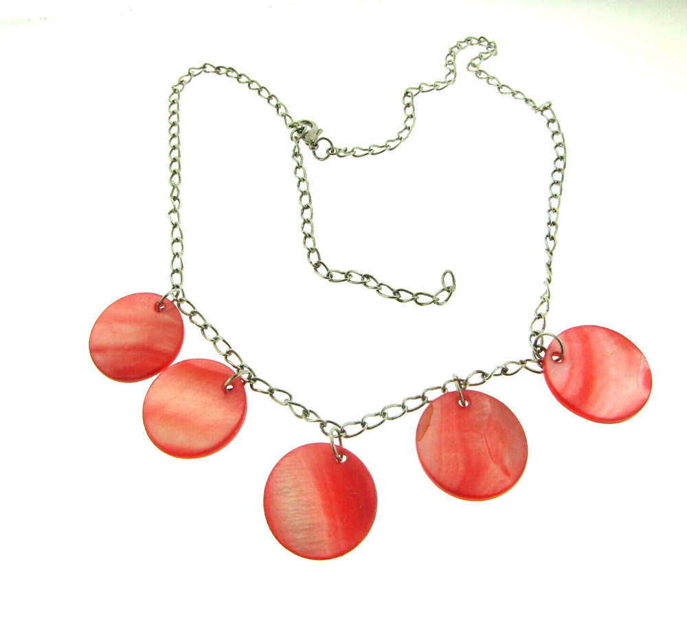 Vintage Pink Round Mother of Pearl Shell Dangle Necklace .75*16*19 inch