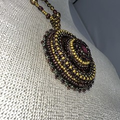 Handmade Bead Embroidery Pendant Glass Stone Beaded Rope Necklace GF Clasp