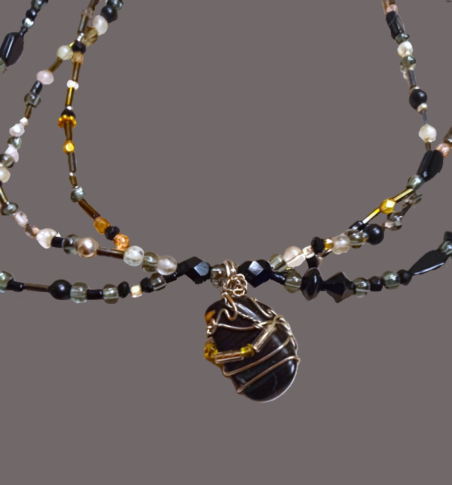 Black Obsidian & Quartz Pendant Beaded Necklace