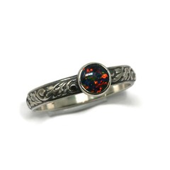 6mm Simulated Black Opal Ring Vine Pattern 925 Sterling Silver