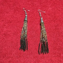 Beaded Tassel Dangle Earrings Brown Gold Black Metal French Wire Women