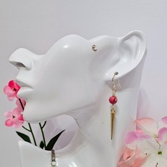 Pink Imperial Jasper Spike Dangle Earrings Gold Tone Handmade Boho Drop