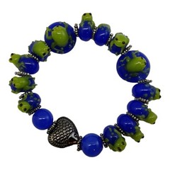 Lampwork Glass Cobalt Blue Beads Elastic Bracelet Green Frogs
