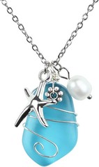 Handmade Sea Glass Necklace with Starfish Charm & Pearl – Adjustable 19.7″-21″