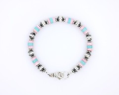 Pink Queen Conch & Blue Turquoise Heishi Bracelet, Sterling Silver Navajo Pearl