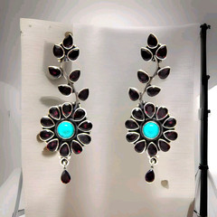 Natural Garnet And Turquoise Earring Studs in 925 Sterling Silver Gift for her