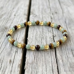 Triple Prosperity 4mm Beaded Bracelet, Citrine Tiger Eye Abundance for Men Women