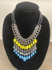 Necklace Rainbow Black Blue Yellow Chain Siver Tone Bohemian Chic Easter Spring