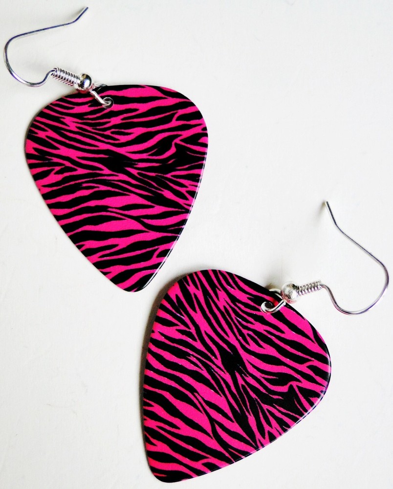 Hot Pink Zebra Animal print guitar pick earrings! Rockabilly Punk Retro 80s
