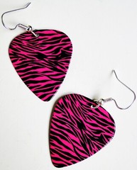 Hot Pink Zebra Animal print guitar pick earrings! Rockabilly Punk Retro 80s